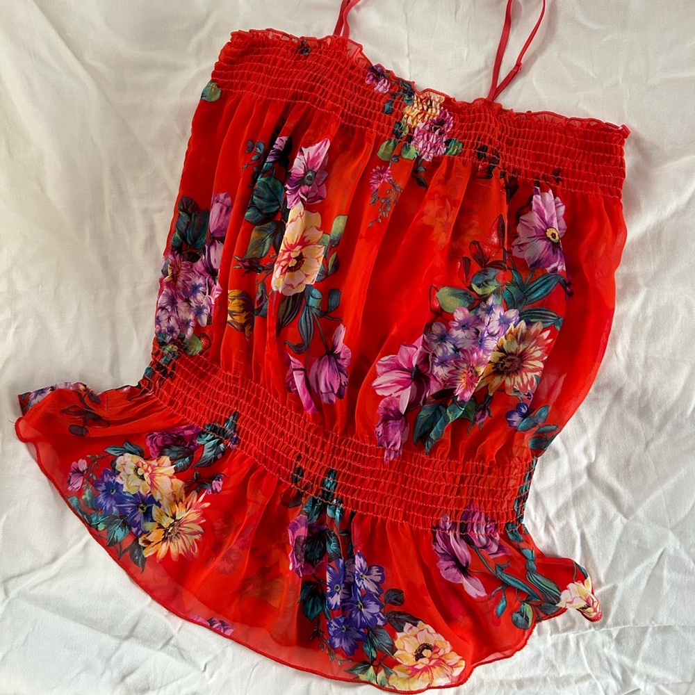 Susie Shier chiffon floral, Tank top. Vibrant orange/red color, size medium.